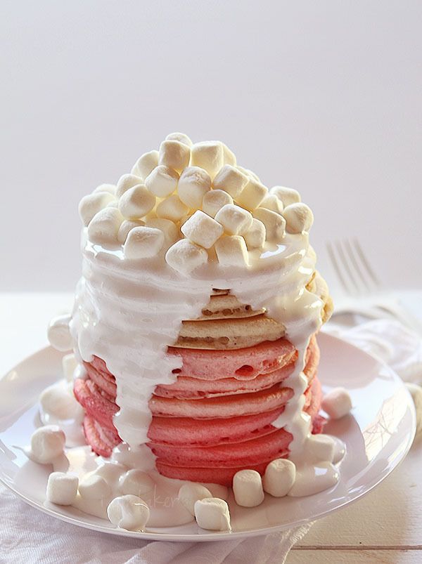 Pink Ombre Pancakes with Marshmallow Fluff Frosting by I Am Baker